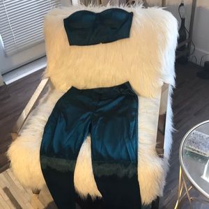 2 piece. Dark teal silk pants and crop top.